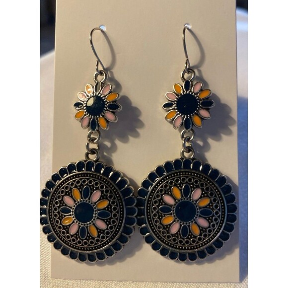 Earrings Boho  Silver & Black w/ Pink Orange Flowers Dangle Metal Shiny Hippie - Picture 2 of 6